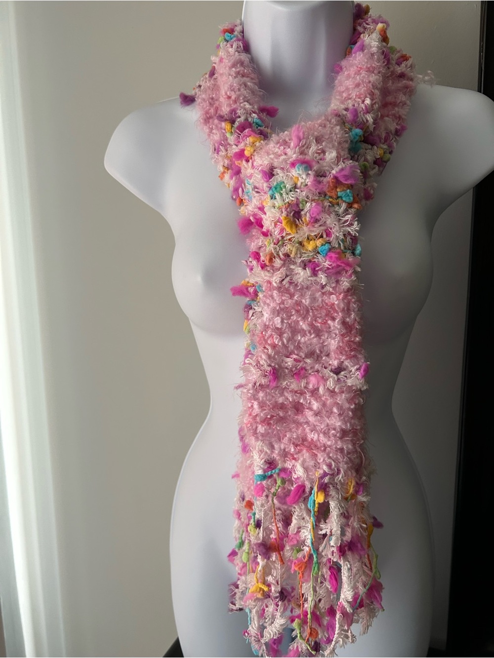 Plush Pink Multicolor Fuzzy Knit Scarf for Women